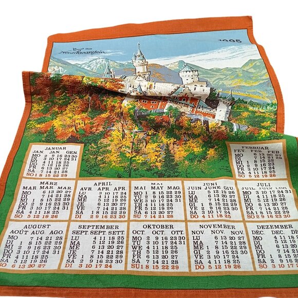 Vintage 1995 Neuschwanstein Castle Calendar Linen Tea Towel Autumn Germany - Picture 1 of 3